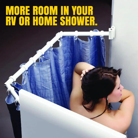 Extend A Shower RV Rod Hinged Folding Adjustable Shower Curtain Rod For RV And Camper Bathrooms Space Saving Satin Finish Fits 35 To 40 Inch Openings Included displayed with hanging curtain in shower setting
