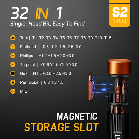 32 In 1 Magnetic Precision Screwdriver Set With Torx Bits, pocket-sized kit showing magnetic storage slot and detailed bit types.