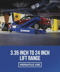 Long Reach Low Profile Floor Jack For Low Clearance Cars, 3 Ton Capacity, Quick Lift Foot Pedal, Dual Piston Pump in use