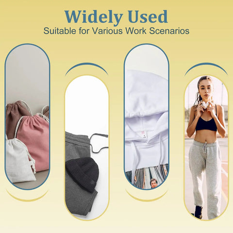 Four scenarios showing the 8 Pack Drawstring Threader Tool Set in use with garments and accessories.