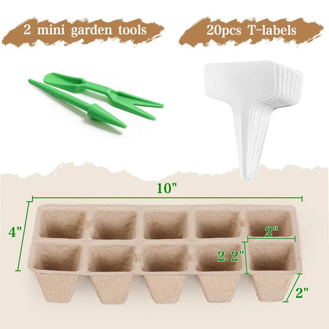 Eco Friendly 200 Cell Seed Starter Tray Kit with 20 Biodegradable Peat Pots, T Type Labels, and Starter Tools detail view