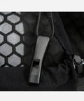 Close-up of breathable mesh on hydration pack for hiking and snowboarding with 5L capacity, showing design and material