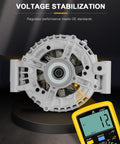 Beefed-Up 180 Amp Alternator Replacement For 135i, 335d, 335i, 335xi, 535i, featuring a 7-Groove Clutch Pulley and multimeter reading