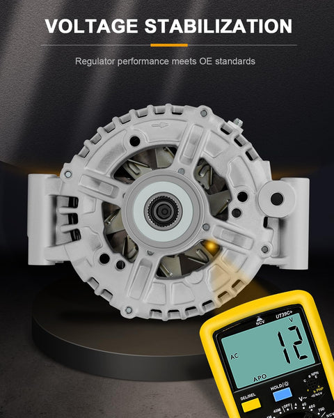 Beefed-Up 180 Amp Alternator Replacement For 135i, 335d, 335i, 335xi, 535i, featuring a 7-Groove Clutch Pulley and multimeter reading