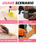 Usage scenarios of Pink Tool Kit For Women 140 Piece Home DIY Essentials In A 14 Inch Storage Bag showing various tools in use