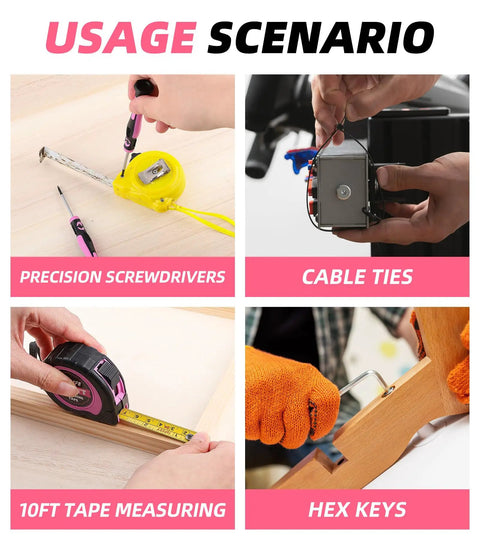 Usage scenarios of Pink Tool Kit For Women 140 Piece Home DIY Essentials In A 14 Inch Storage Bag showing various tools in use