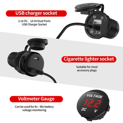 USB port, cigarette lighter socket, and voltmeter of Six Gang Rocker Switch Panel 12V Marine Waterproof With Red LED 5 Pin Toggle