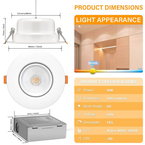 LED 6 Inch Recessed Gimbal Downlight Kit With Junction Box, specifications for 16W, 1100 Lumens, warm white 3000K, dimmable
