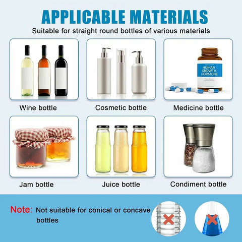 Pro Grade Semi Automatic Round Bottle Labeling Machine For Glass Pet Metal Containers Heavy Duty Stainless Build Adjusts Half To Six Inch Diameter suitable for various bottle types.