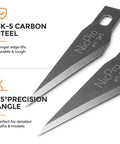 Close-up of two SK5 high carbon steel No 11 blades showing durability features for 120 Piece Hobby Blades Set SK5 High Carbon Steel No 11 Blades With Sturdy Storage Case For Crafting, Scrapbooking, Stenciling, Paper Arts, And Other Pro Grade DIY Hobby Projects.