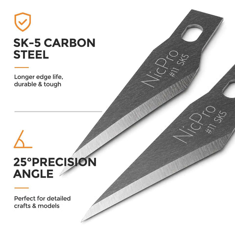 Close-up of two SK5 high carbon steel No 11 blades showing durability features for 120 Piece Hobby Blades Set SK5 High Carbon Steel No 11 Blades With Sturdy Storage Case For Crafting, Scrapbooking, Stenciling, Paper Arts, And Other Pro Grade DIY Hobby Projects.