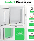 Keep Your Ride Secure With This Heavy Duty Outdoor EV Charger Lock Box Featuring Bright Viewable Window Compatible With Tesla Wall Mount And Universal Cables Smooth Garage Setup, showing dimensions and interior.