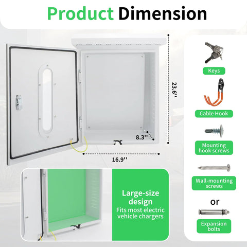 Keep Your Ride Secure With This Heavy Duty Outdoor EV Charger Lock Box Featuring Bright Viewable Window Compatible With Tesla Wall Mount And Universal Cables Smooth Garage Setup, showing dimensions and interior.