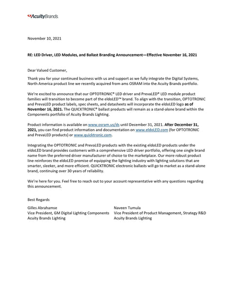 Document detailing LED driver and module transition announcement from Acuity Brands dated November 10, 2021.