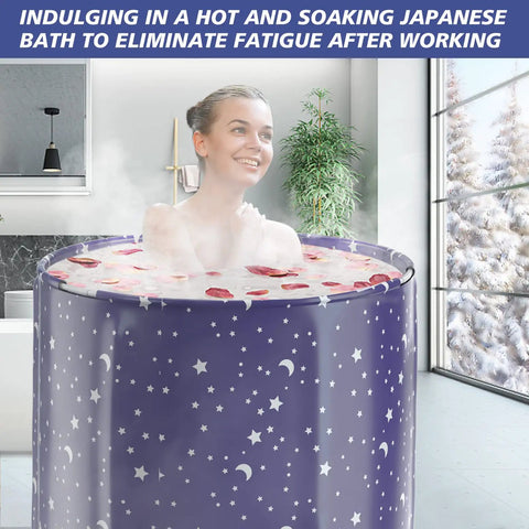 Portable Adult Ice Bath Tub For Athletes in use, woman soaking with steam and petals, Japanese style