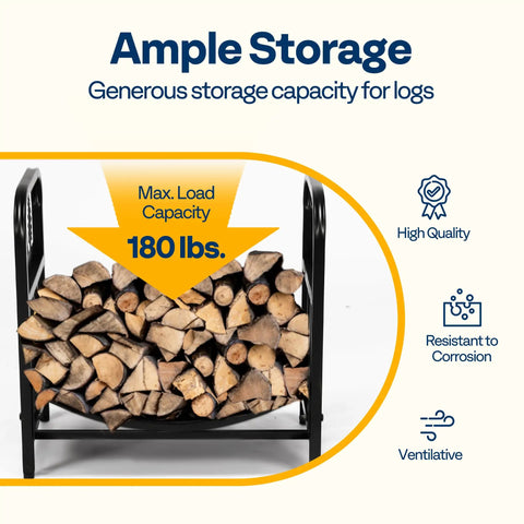 Bear Pattern Firewood Rack 16.5 Inch Wrought Iron Log Holder with 180 lb capacity, shown storing firewood indoors, classic black