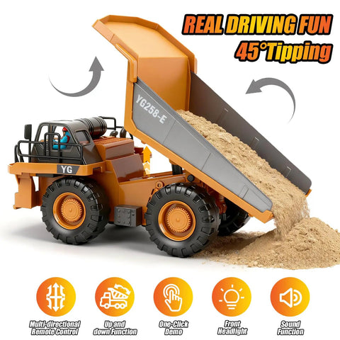 Remote Control Dump Truck With 360 Degree Rotation And Lights Kid Friendly Nine Channel RC Construction Toy dumping sand