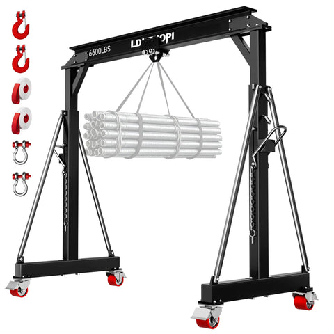 Beefy 3 Ton Gantry Crane 6600 Lb Portable Shop Hoist with smooth manual trolley lifting pipes, black steel build.