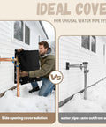 Man installing Backflow Preventer Insulation Cover With L Shaped Opening And 2 Way Access For Irregular Pipes on outdoor pipe
