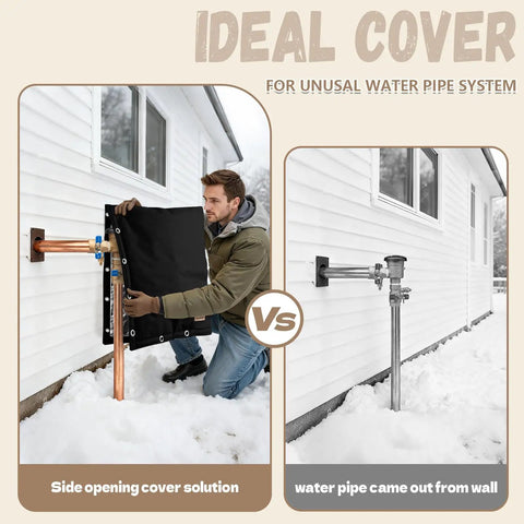 Man installing Backflow Preventer Insulation Cover With L Shaped Opening And 2 Way Access For Irregular Pipes on outdoor pipe