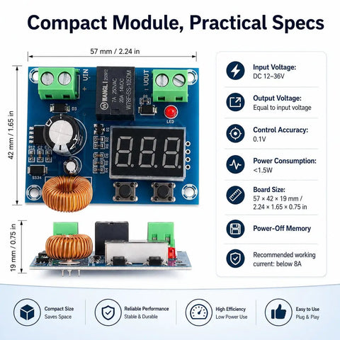 12V to 36V DC Low Voltage Cutoff Module With Programmable Battery Protector And LED Display, Plug And Play Ready Low Voltage Disconnect Switch For 12V 24V 36V Solar, RV, Car, And Boat Battery Systems, 2 Pack compact circuit board with terminals and display