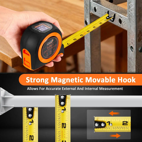 3-in-1 Laser Tape Measure With 197 Ft Laser Range And 16 Ft Manual Tape, Digital Level, Handy Distance Meter For Home Improvement, DIY Projects, Quick Accurate Readouts., black and orange tape measure with magnetic hook measuring wood and metal