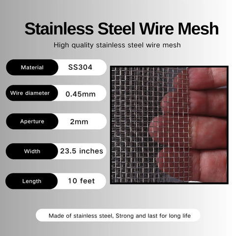 Sturdy 304 Stainless Steel Wire Mesh, 23.5 Inch Wide By 10 Foot Long, 2mm Mesh Holes And 0.45mm Wire Diameter, close-up view
