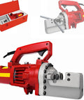 Heavy Duty Electric Hydraulic Rebar Cutter Saw, 1250W Portable Power Tool in stainless carry case with power cord and steel bar.