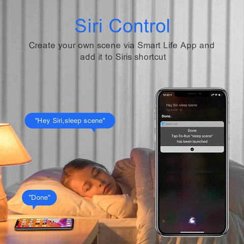 Child sleeping with phone displaying Siri control scene, "Smart 2 Gang WiFi Light Switch With Alexa Google Assistant And IFTTT Remote Control And Scheduling Works As Single Pole Neutral Wire Required Easy Do It Yourself Smart Home Upgrade."