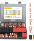 Thickened Copper Wire Lugs Kit, Heavy Duty Battery Cable Ends Ring Terminals For AWG 2 4 6 8 10 12 Gauge, 80 Pcs Copper Lugs, 3:1 Heat Shrink Tubing Assortment Set displayed in a transparent organizer box with assorted heat shrink tubing.
