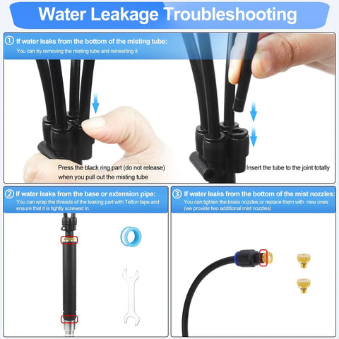 Water leakage troubleshooting for Adjustable Standing Misting System For Outdoor Patio, 4.1 ft height with tripod stand.