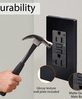 Heavy Duty Black GFCI Outlet 15 Amp Top Shelf GFI Electrical Receptacle with hammer demonstrating durability during installation.