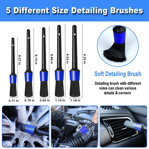 Five soft detailing brushes in different sizes from 12Pcs Wheel Brush Kit For Cleaning Wheels And Tires With Bendable Rim Brushes.