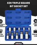 XZN Triple Square Socket Set For 1/4-Inch 3/8-Inch And 1/2-Inch Drives, 10-piece spline bit kit with durable case