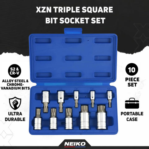 XZN Triple Square Socket Set For 1/4-Inch 3/8-Inch And 1/2-Inch Drives, 10-piece spline bit kit with durable case