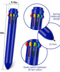 10 In 1 Multicolor Retractable Ballpoint Pens Set With 0.7mm Tips Navy Blue Barrel Includes Black Blue Red Orange Yellow Pink Brown Light Blue Green Your Go To Office And School Writing Kit For Students Gifts, product dimensions with close-up details of pen tip and color switches
