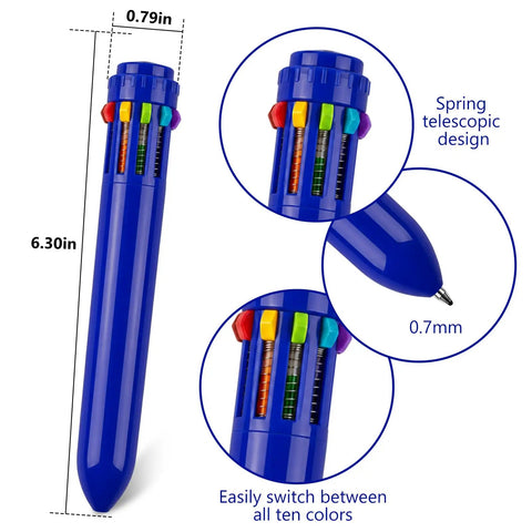 10 In 1 Multicolor Retractable Ballpoint Pens Set With 0.7mm Tips Navy Blue Barrel Includes Black Blue Red Orange Yellow Pink Brown Light Blue Green Your Go To Office And School Writing Kit For Students Gifts, product dimensions with close-up details of pen tip and color switches