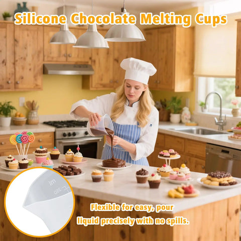 Chef using Go To Silicone Chocolate Melting Cup Set With 4 Measuring Cups 250ml And 350ml And 4 Heat Resistant Jar Spatulas