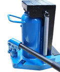 Heavy Duty Hydraulic Toe Jack 30 Ton Upper 15 Ton Toe Air Powered Steel Rig Quick Pump Handle close-up view with blue finish.