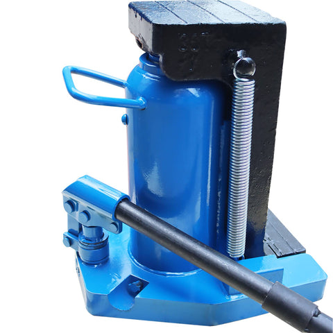 Heavy Duty Hydraulic Toe Jack 30 Ton Upper 15 Ton Toe Air Powered Steel Rig Quick Pump Handle close-up view with blue finish.