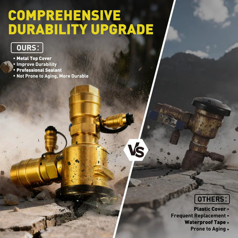 Front view of 1 in brass pressure vacuum breaker with metal top cover, shown beside an old rusty backflow preventer.