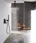Matte Black Shower System With 12 Inch Rain Shower Head And Handheld Spray in modern bathroom setting