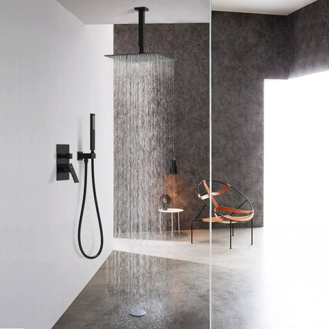 Matte Black Shower System With 12 Inch Rain Shower Head And Handheld Spray in modern bathroom setting