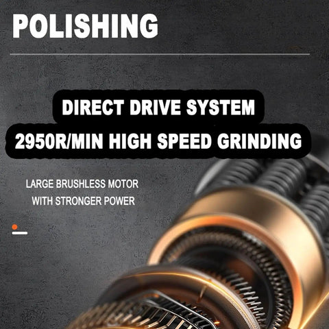 Close-up of Built Tough Five Inch Bench Grinder Offering Variable Speed Control and Dual Grinding Wheels, showcasing direct drive system and motor.