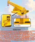 Heavy Duty Adjustable Mobile Crane Telescopic Boom With 11000 Lb Forklift Rig And Truss Jib Lifting Hoist, stable yellow base with fork openings.