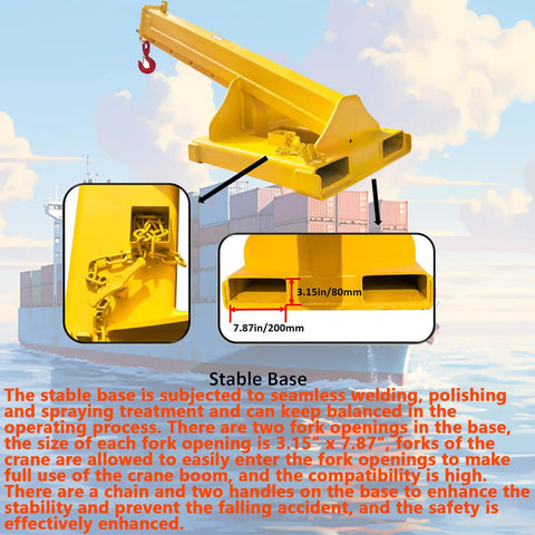 Heavy Duty Adjustable Mobile Crane Telescopic Boom With 11000 Lb Forklift Rig And Truss Jib Lifting Hoist, stable yellow base with fork openings.