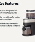 Professional Flat Burr Coffee Grinder With 30 Precision Settings For French Press Drip Coffee And Espresso Anti Static Housing And Six Point Five Ounce Hopper Black side view showcasing features and anti-static design.
