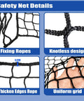 Close-up of Durable Knotless Polyester Safety Net for Kids and Pets with fixing ropes, knotless design, and thickened edges.
