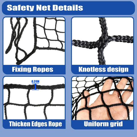 Close-up of Durable Knotless Polyester Safety Net for Kids and Pets with fixing ropes, knotless design, and thickened edges.