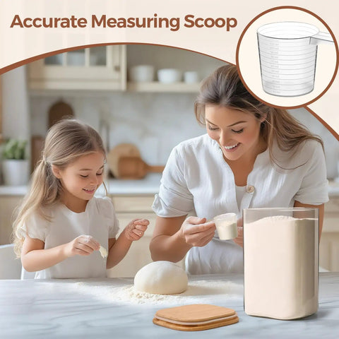 Mother and daughter using Two Pack 3.6 Qt Square Glass Food Storage Jars With Lids to measure flour in the kitchen
